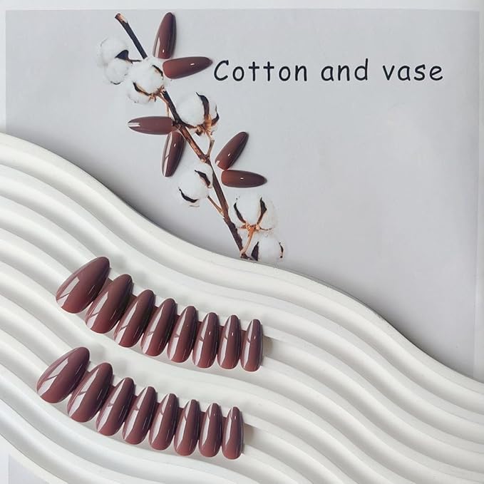 Brown Press on Nails Almond Shaped Medium Length - Neutral Acrylic Reusable Fake Nails for Women Girls, Glue on Stiletto False Nails, Soft Gel Artificial