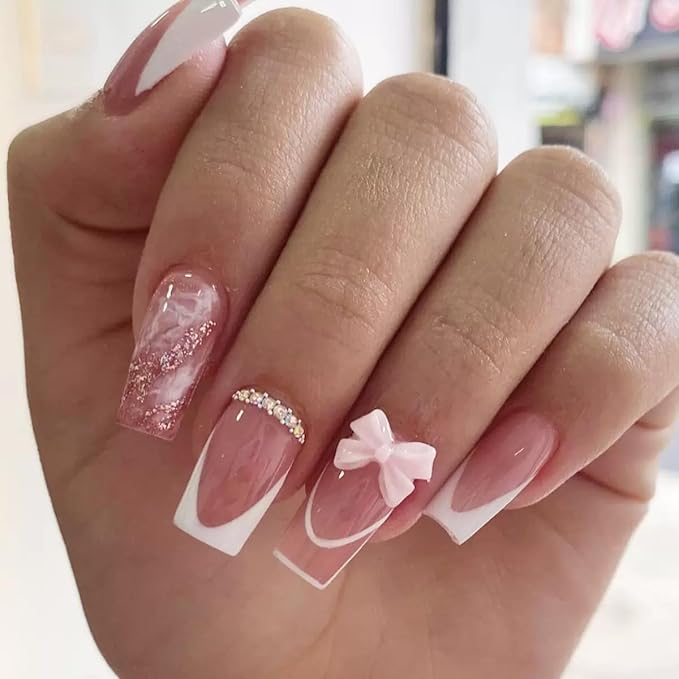 Square Press on Nails Medium - White French Tip Fake Nails with Glitter Design - Rhinestone, Bow False Nails Press ons - for Women 24 Pcs