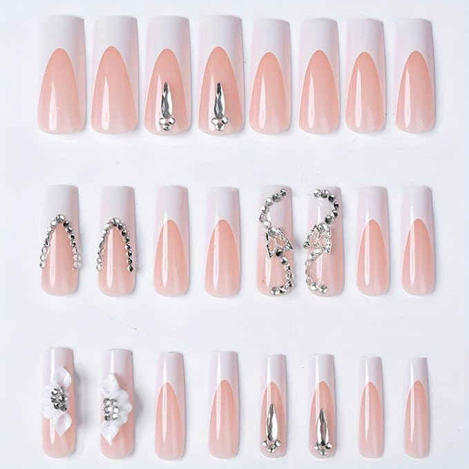 Long Square Press on Nails Fake Nails Artificial Nail Stick on Nail for Women, Elegant White French Tip with 3D Flowers, Crystal Chains and Rhinestone Decor, Long Square Fake Nail Set 24pcs