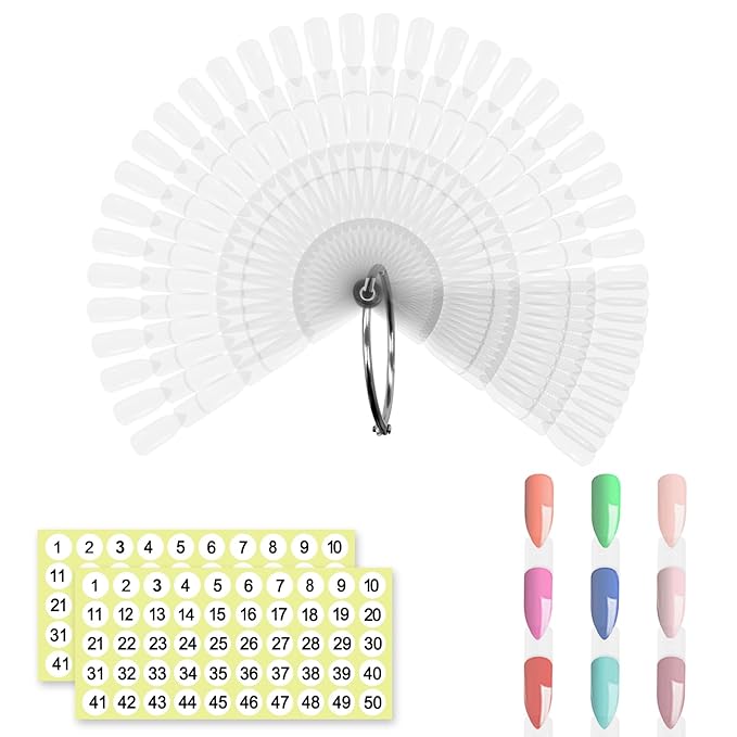SIUSIO 50 Pcs Chart Fan Nail Swatch Sticks with Metal Split Ring and Numbered Tips - Clear Fan-shaped Color Display for Nail Art Polish Practice