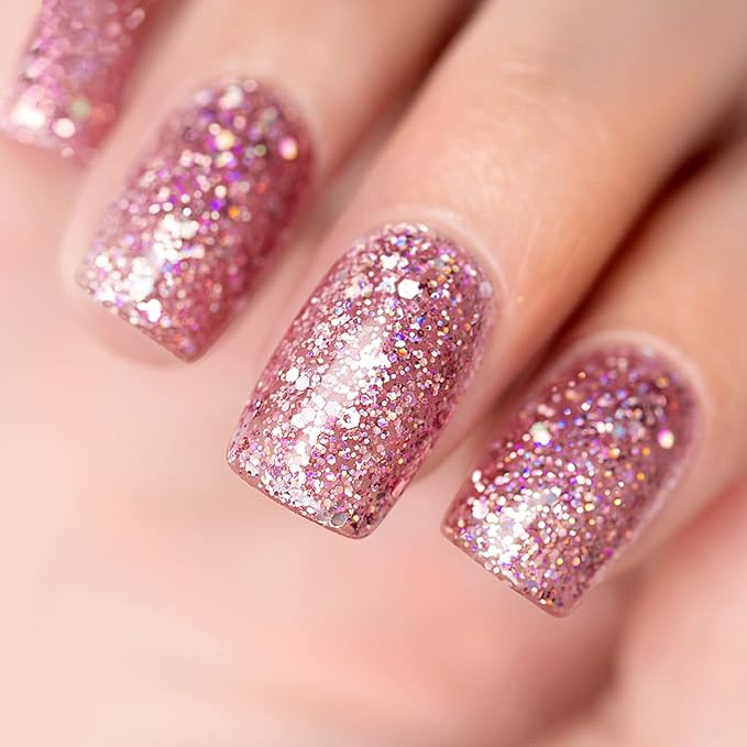 RARJSM Glitter Gel Nail Polish Chunky Rose Pink Shimmer Iridescent Gel Polish 15ml Holographic Rainbow Effect Soak off L e d U V Curing Required High Pigments for Home Salon Manicure Nail Art