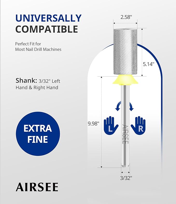 AIRSEE Tungsten Carbide Acrylic Nail Drill Bit Efile Electric File Machine Head Tip for Manicure Polishing Art Remove Gel 3/32" 2 Way Professional Tech Flat Top Cylinder Barrel Extra Fine-XF