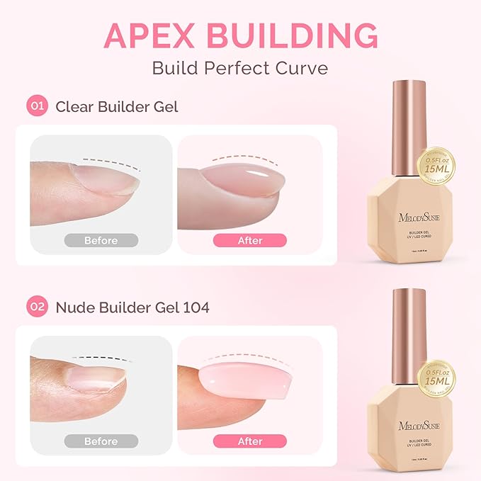 MelodySusie 2PCS 15ML Clear Nude Pink Builder Nail Base Gel for Nails Thickening,Soak Off UV Extension Gel,Rhinestone Nail Glue in a Bottle for Nail Art Design Gift for Women