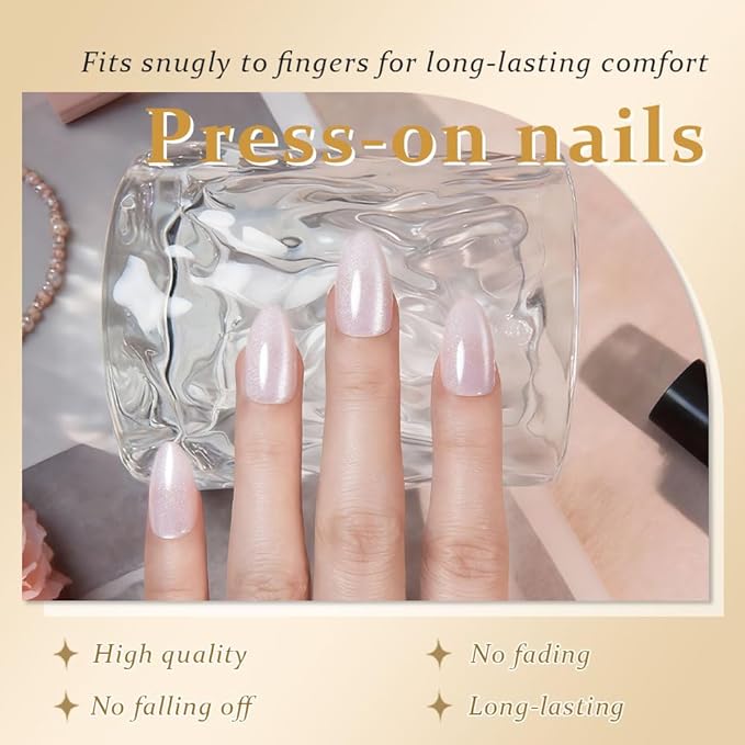 evpct Cat Eye Press on Nails Almond Short, Cat Eye Stick on Nails Press on, Nude Pink Glitter Short Almond Press Stick on Nails, Fake Nails Press ons with Kits, 30Pcs Reusable Acrylic Fake Nails Kit