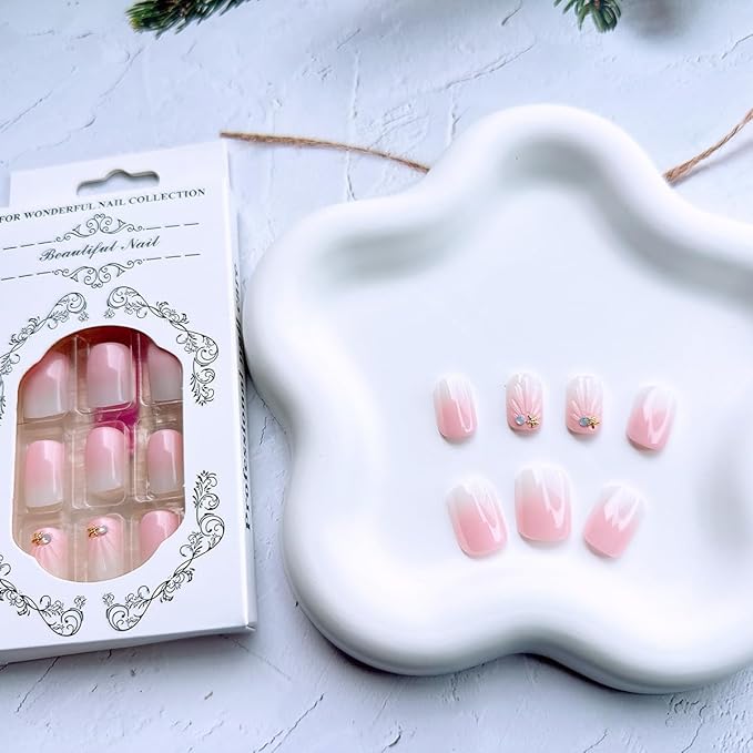 24pcs French Press on Nails Short Square Pink White Gradient With Charms Designs Glossy Glue on Cute False Full Cover Artificial for Women Girl Decoration