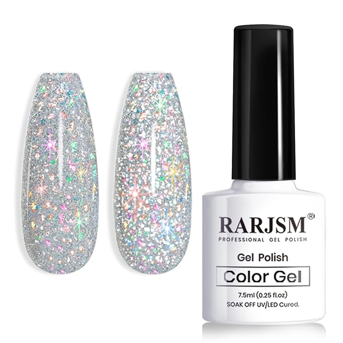 RARJSM Reflective Glitter Gel Polish Silver Sparkling Glitter Iridescent Shimmer Gel Nail Polish Sparkle Diamond Holographic Gelpolish Soak off Nail Art Varnish Manicure for Salon DIY at Home