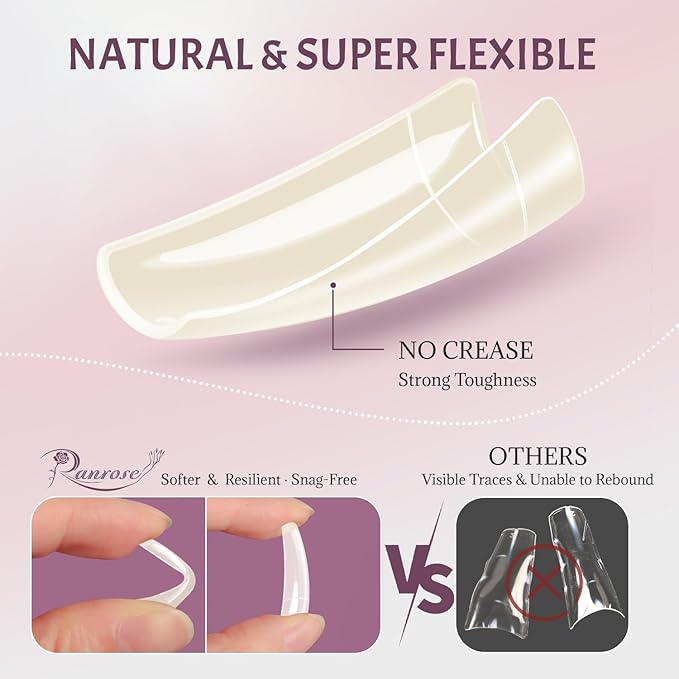 Ranrose 504PCS Fake Nails, French Tip Soft Gel Nail Tips 12 Sizes Acrylic Nail Kit Half Cover False Nails Manicure with Box for Nail Extensions Art White Press on Nails DIY Beginners