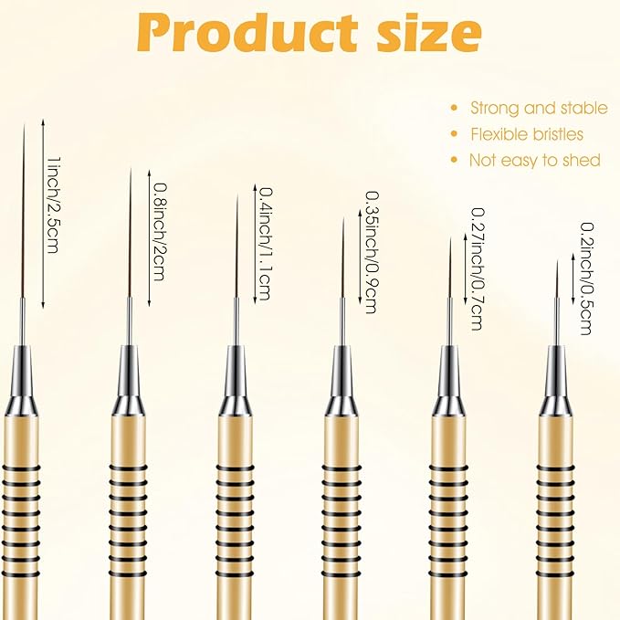 Metallic Nail Art Brushes 6 Pcs Non Slip Liner Brushes Set UV Gel Polish Painting Art Design Pen Silver Color Nail Tools for Long Lines Thin Details Fine Drawing Sizes 5/7/9/11/20/25mm (Gold)