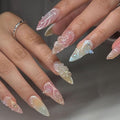 3D Press on Nails Medium Almond with Streamline Floral Design, Nude Pink Blue Ombre Nail Press ons Glossy Stick on Nails for Women Reusable with Kit, Stick on Cute Fake Nail with Designs Perfectly Fit