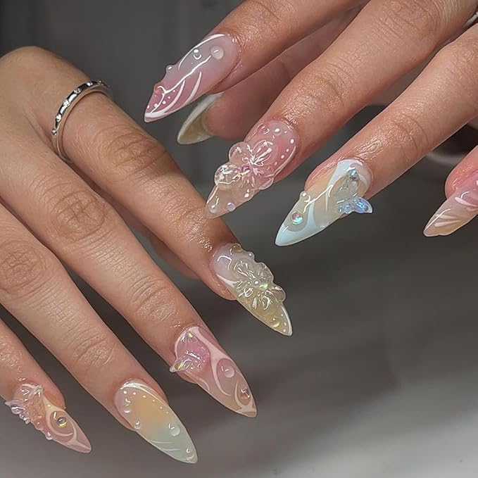 3D Press on Nails Medium Almond with Streamline Floral Design, Nude Pink Blue Ombre Nail Press ons Glossy Stick on Nails for Women Reusable with Kit, Stick on Cute Fake Nail with Designs Perfectly Fit