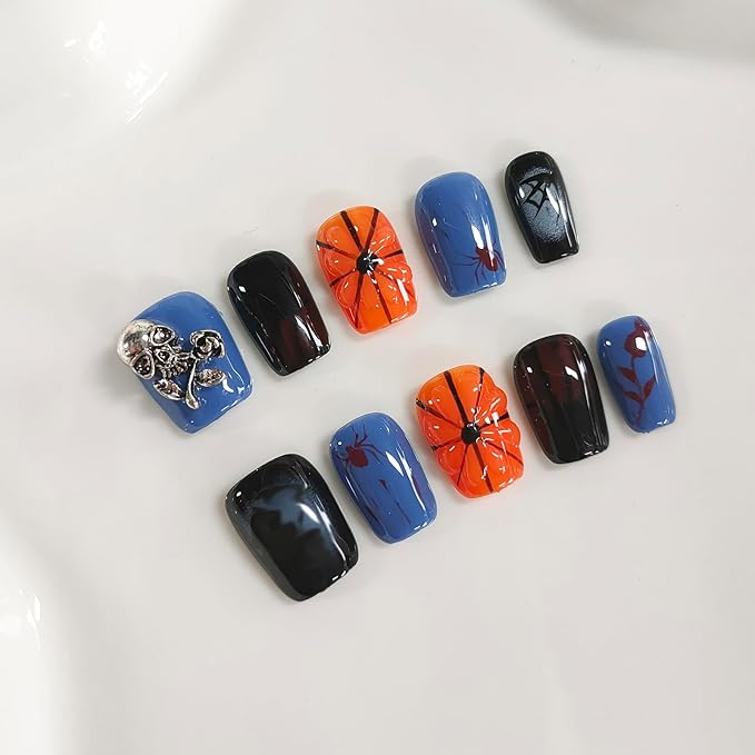Halloween Press on Nails Short Square Handmade Acrylic Nails 3D Thick Fake Nails with Pumpkin Spider Web Skull Designs Gothic Sturdy Art False Press on Nail 10Pcs(M)