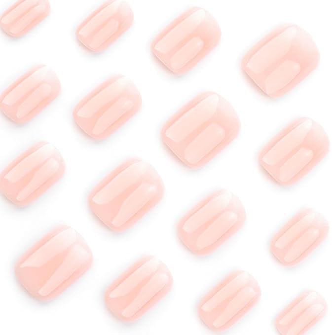Ombre Fake Nails Short Square Press on Nails Nude Gradient Acrylic Nails Glossy Nature Glue on Artificial Nail Squoval False Nails Press ons with for Women Manicure Decoration 24Pcs