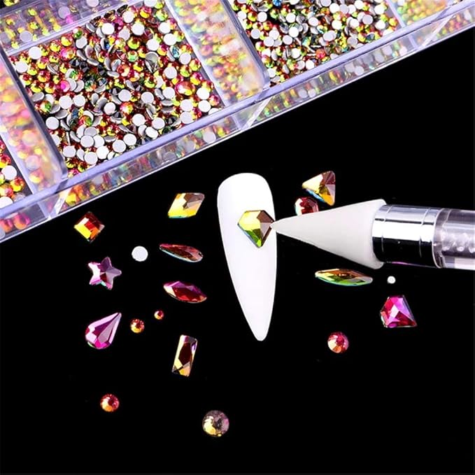 Color AB Crystal Rhinestones Set 600+2100 Pcs, Round and Multishape AB Glass Rhinestone With 1 Pick Up Pen In Clear Big Box Flat Back Crystals Gems Stones Set for Nails Clothes Face Jewelry