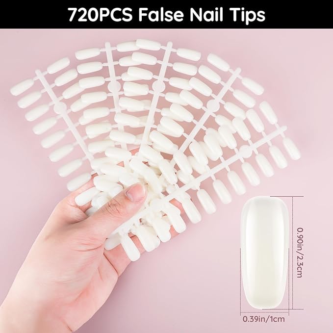 Segbeauty 720pcs Fake Nails Display Tips, Natural Artificial Glossy Flat-Bottom Fingernail Tips, Professional Manicure Salon Practice Tool for False Nail Art Book Polish Gel Color DIY Art Decoration
