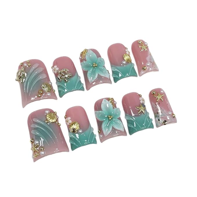 Luxury Handmade Press on Nails Medium Duck Fake Nails Blue French Tip False Nails with Ocean 3D Floral Art Ombre Design Acrylic Nails Handmade Stick on Nail for Women Manicure 10Pcs (Size M)