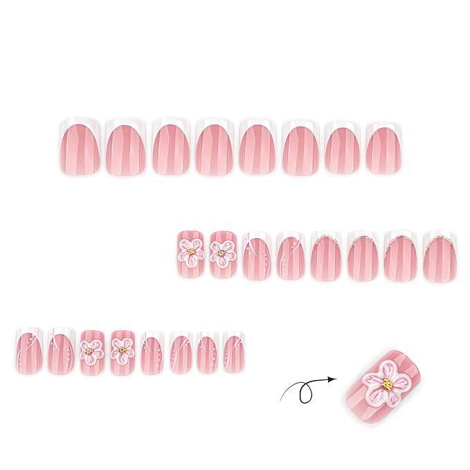 Square Press on Nails Short - White French Tip Fake Nails with Flower Design - Cute, Summer False Nails for Women 24 Pcs