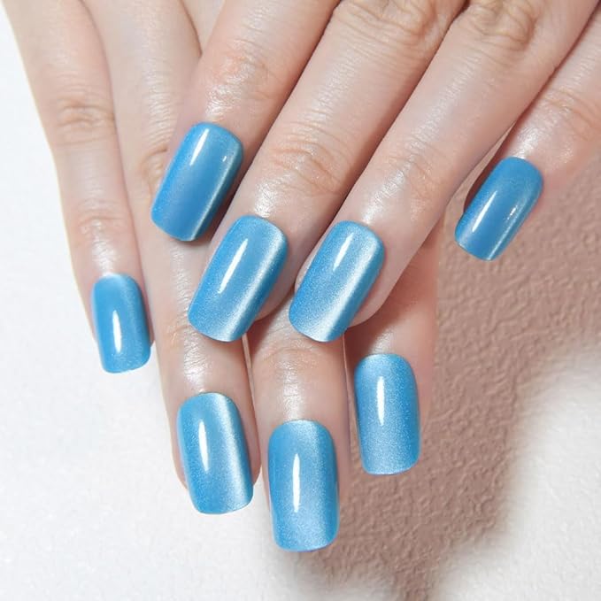 Aqua Blue Cat Eye Press on Nails Medium Square, Medium Square Press Stick on Nails Chrome for Women Gift, Aqua Blue Holographic Glitter Glossy Reusable Gel Acrylic Fake Nail with Designs Cateye Effect