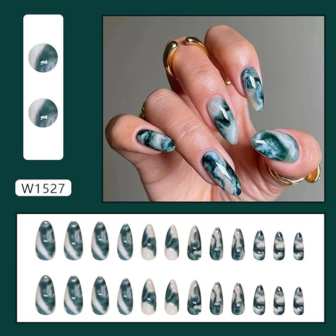 Press On Almond Medium Green False Nails with Gradient Marble Design - Glossy Acrylic Full Cover Glue on Nails - 24 Pcs