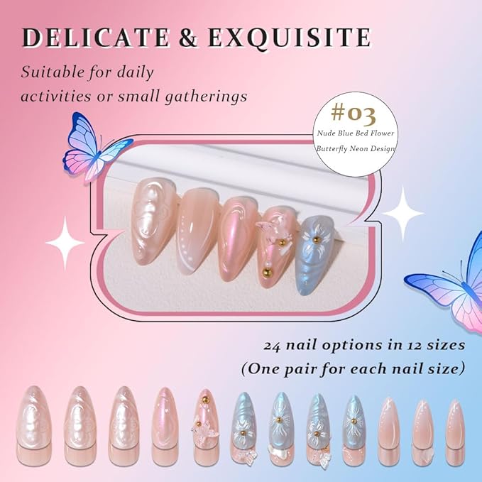 3D Press on Nails Medium Almond with Butterfly Floral Design, Nude Blue Neon French Nail Press ons Glossy Stick on Nails for Women Reusable with Kit, Stick on Cute Fake Nail with Designs Perfectly Fit