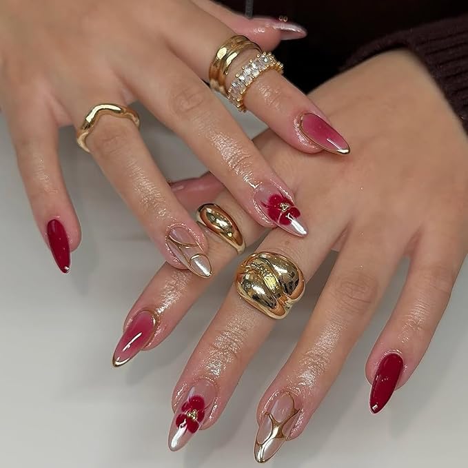 Medium Press on Nails Almond - Red Fake Nails with Flower Gold Line Design - Glossy Full Cover Stick on Nails for Women Manicure 24 Pcs