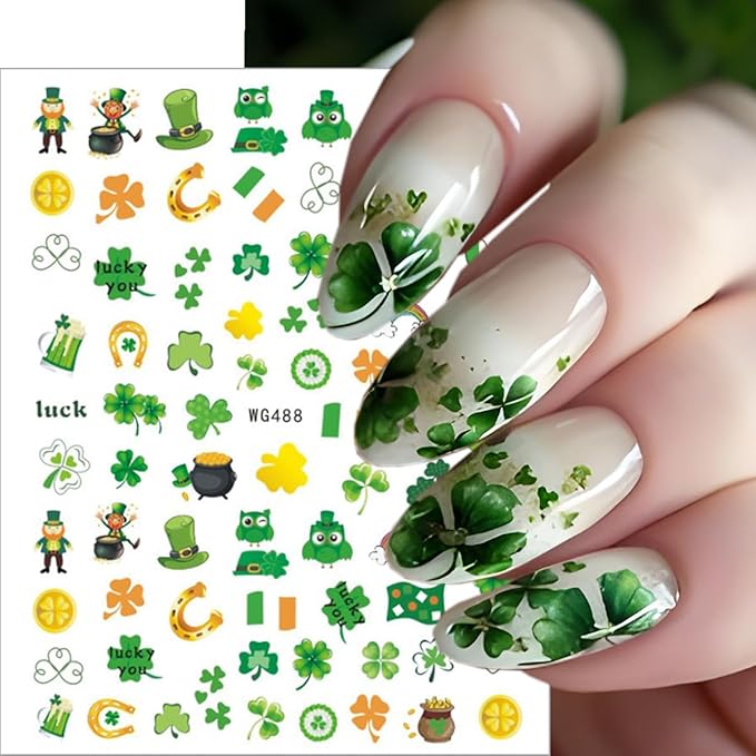 6Pcs St. Patrick's Day Nail Art Stickers 3D Self Adhesive Spring Four Leaf Clover Nail Decals Lucky Shamrock Nail Stickers St. Patrick's Day Hat Letter Design Irish Nail Supplies Accessories for Women
