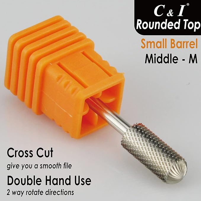 C & I Small Barrel Rounded Top Nail Drill Bit with Teeth on the Top, Professional Electric File for Manicure Drill Machine, Remove Nail Gels 3/32” (Middle -M)