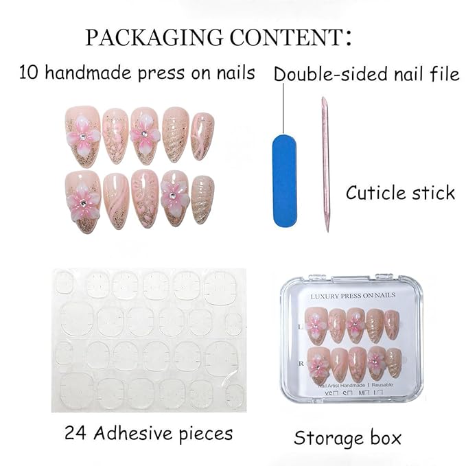 10 Medium Almond Handmade Press On Nails | Coquette Aesthetic Pink Ombre Fake Nails with 3D Floral, Glitter Gradient & Rhinestone Accents | Easy Apply & Remove, Reusable Salon Quality Nails (5U06, S)
