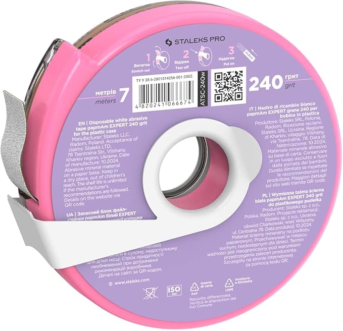 Staleks Pro Disposable White Abrasive Tape papmAm Expert – 240 Grit – 7m Roll in Plastic Case – Glueless Replaceable Abrasive – Professional Nail Polishing – Manicure & Pedicure