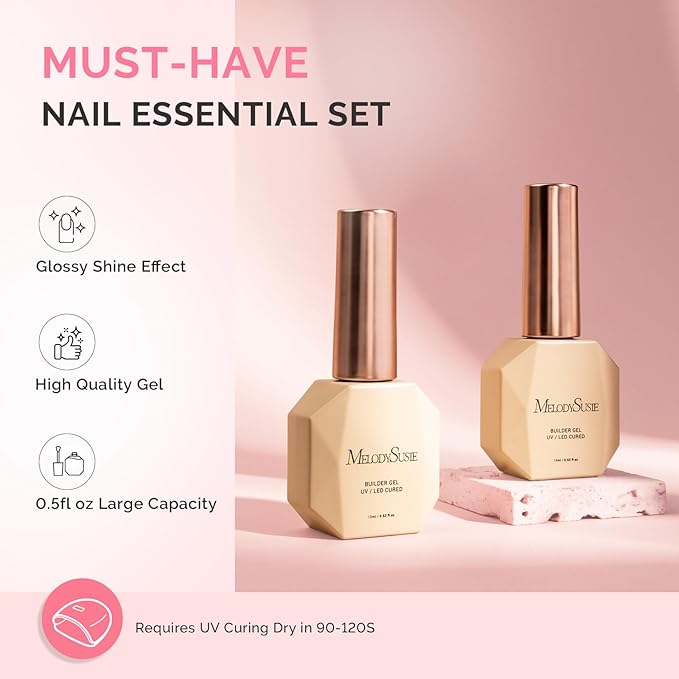 MelodySusie 2PCS 15ML Clear Nude Pink Builder Nail Base Gel for Nails Thickening,Soak Off UV Extension Gel,Rhinestone Nail Glue in a Bottle for Nail Art Design Gift for Women