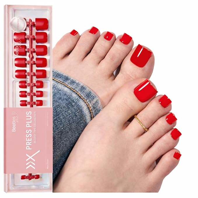 Beetles X Press Red Toenails - Cherry Rouge | Red Short Square Press On Toe Nails | 150 Pcs 15 Sizes Natural Salon Quality Gel Nail Tips For Women