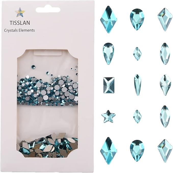 820pcs Flatback Crystals Aquamarine Glass Rhinestones for Nail Art Decoration DIY Crafts Non-hot Fix Mix Size Round Gem Beads Bulk Set Pack