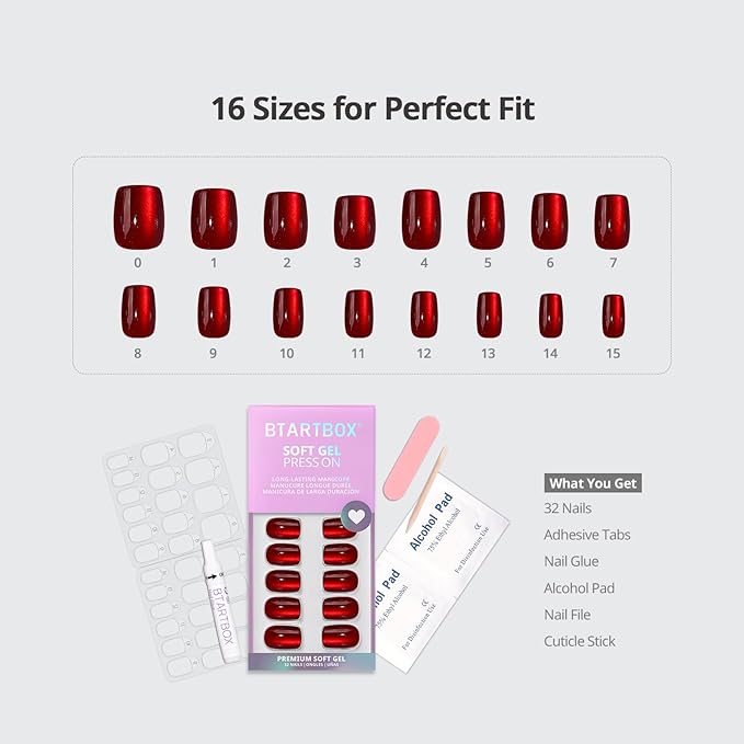 BTArtbox Press On Nails Red - Cat Eye Press On Nails Square for Gifts,Cherry Short Stick On Nails with Glue, Glossy Reusable Nail Tips in 15 Sizes - 30 Soft Gel Fake Nails Kit, Hot Love