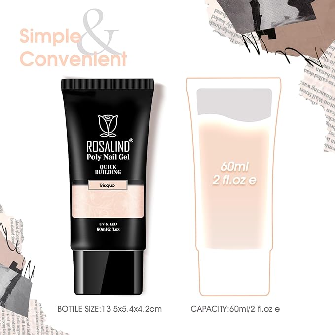 ROSALIND Nude Poly Extension Gel, 60ml Hot Poly Nail Gel for Nail Art Decoration,Builder Nude Gel Nails Thickening Extension Easy to DIY Use at Home Need UV Lamp