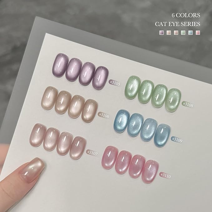 GAOY Summer Gel Nail Polish Set, 6 Icy Sheer Cat Eye Gel, Crystal Clear Holographic Nail Art for Beach Vacations & Pool Party Glam