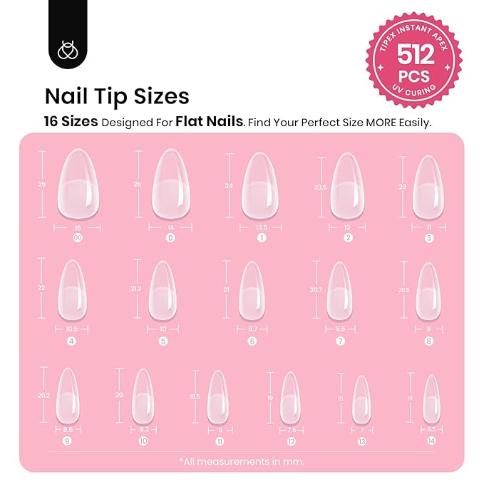 Beetles Tipex Instant Apex Nail Tips Medium Almond: 512 Pcs 16 Sizes Pre-Building Pre-Etched Full Cover Half Matte -Thick Acrylic Nail Tips
