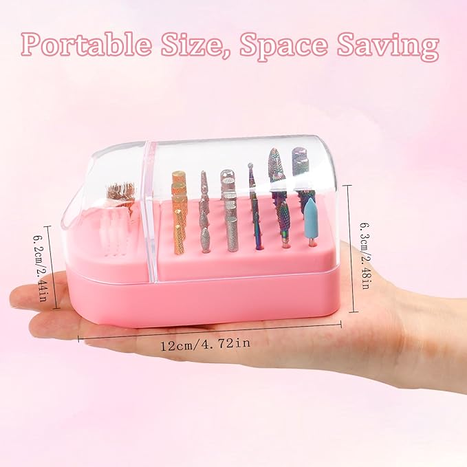 Nail Drill Bits Holder 2 in 1 Nail Drill Bits Cleaning Brush Case, 30 Holes Dustproof Acrylic Nail Drill Holder Storage Box, Nail Drill Bit Holder Stand Displayer Organizer for Home Salon Use (Pink)