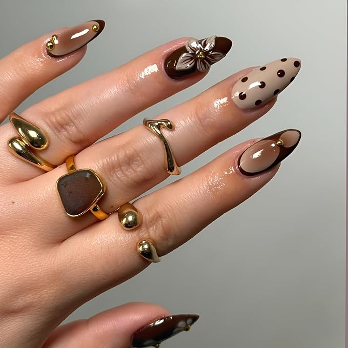 Flower Press on Nails Almond Fake Nails Polka Dot False Nails Medium Brown Nails Press Ons with Gold Rhinestones Design Glossy Stick on Nail Embossed Flower Glue on Nail for Women 24Pcs