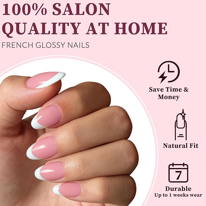 240PC White French Tip Press on Nails Short Fake Nails Press ons with 5*Adhesive Tabs, Pink Almond Acrylic Nail Press on Nail French Tip Nails False Artificial Fingernails Stick on Nails-E