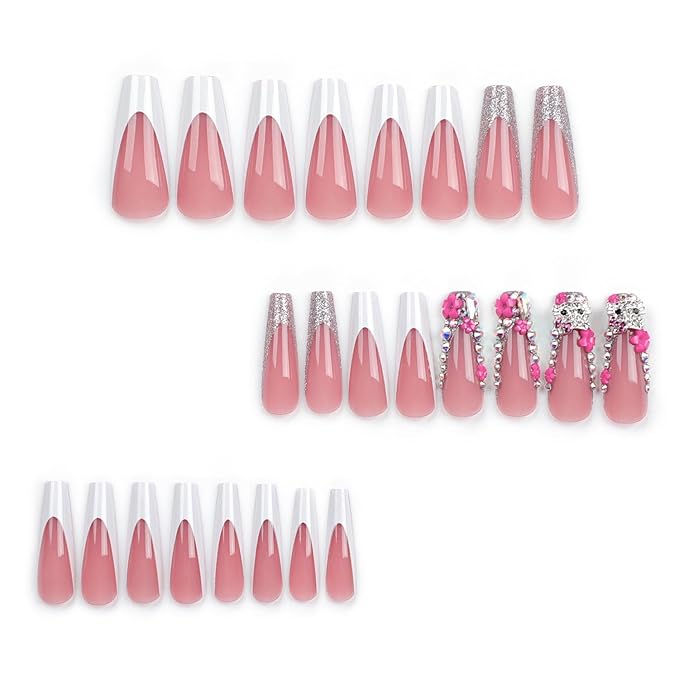 24Pcs Christmas Artifical Acrylic Nails - Reusable Coffin Gold Sequins Charm Rhinestone Design Square Fake Nails Gradient Full Cover Glue on Nails for Women