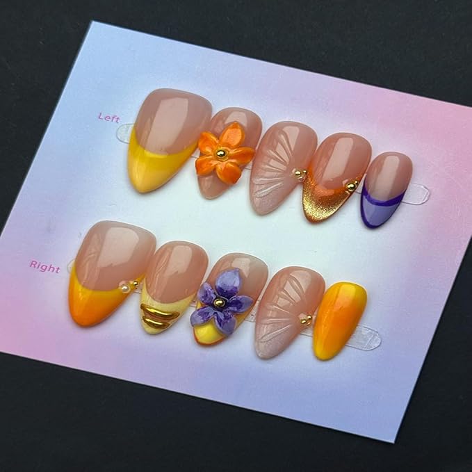100% Handmade Press on Nails Medium Almond Handmade Nails with Purple Flower Design Ombre Yellow False Nails French Tip Nail Press ons Reusable Spring Summer Acrylic Fake Nail for Women Size M 10Pcs