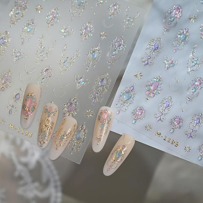 Silver Nail Stickers 3D Self Adhesive Laser Gem Nail Art Stickers 5D Embossed Aurora Star Jewelry Ribbon Nail Decals Vintage Style Totem Nail Art Supplies Diamond Nail Design for Women Girls 1 Sheets
