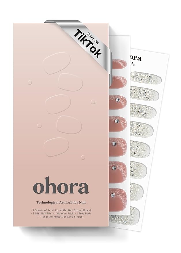 ohora Semi Cured Nail Strips (N Rose Mirage) - Works with Any UV/LED Lamps, Salon-Quality, Long Lasting, Easy to Apply & Remove - Includes 2 Prep Pads, Nail File & Wooden Stick