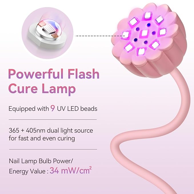 Makartt UV LED Nail Lamp - Gooseneck 34mW/cm² Flash Cure Lamp Rechargeable UV Light for Gel Nails with 4 Times & Auto Sensor USB Cordless Fast Curing Nail Art Design for Salon Home DIY (Pink)