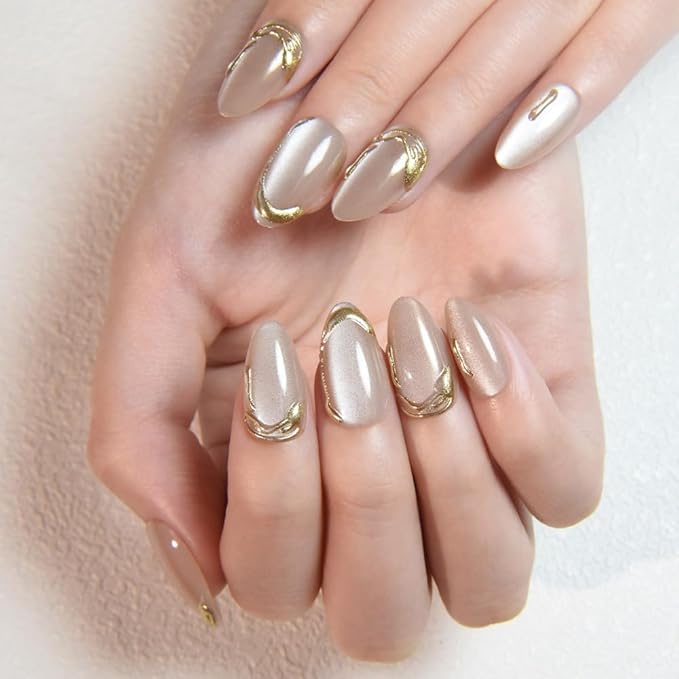 Nude Cat Eye Press on Nails Short Almond, Acrylic Fake Nails with 3D Gold Line Design, Reusable Glue-On Stick for Cute Nude Nails for Women