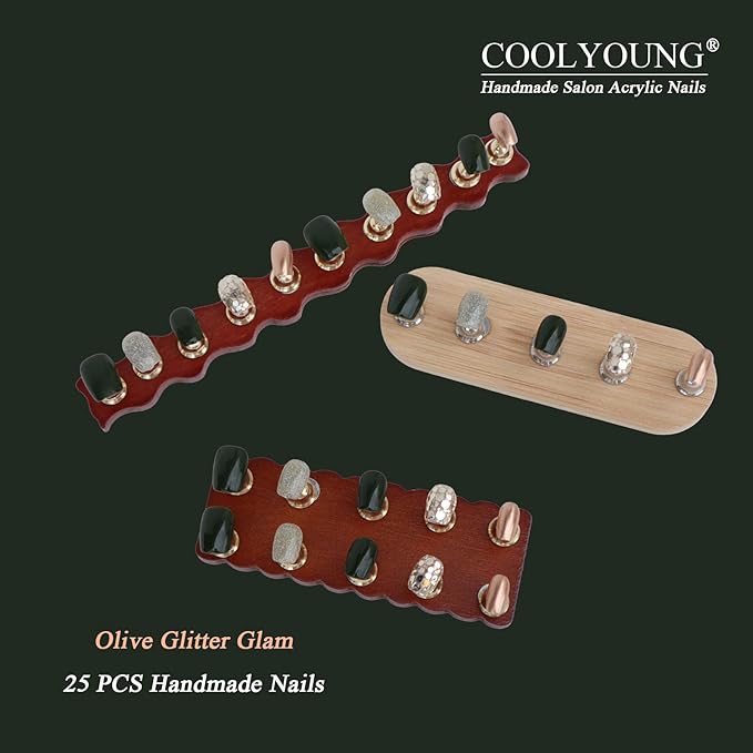 COOLYOUNG Olive Green Gold Glitter Press On Nails Salon Quality Short Reusable Artificial Nails with Cat Eye, 25 PCS Handmade Nails