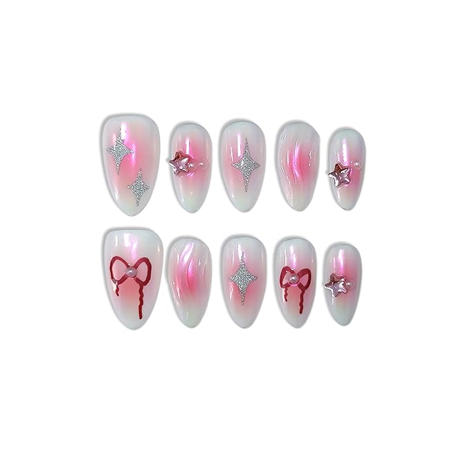 Handmade Press On Nails Almond,Aurora Pink Acrylic Glossy Y2k Sweet Cool Soft Gel Fake Nails,Reusable Glue On Nails With Star Bow Stars Designs,10pcs/Box Manicure Art With Charms(M)