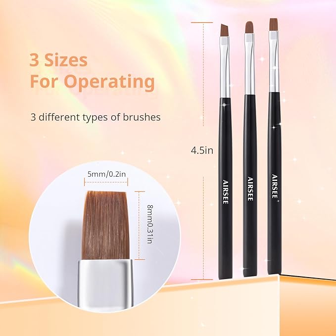 AIRSEE Nail Art Clean Up Brush Set, 3 Pcs Flat/Oval/Fine Angled Gel Brushes for Removing Polish Mistakes on Cuticles, Detailed Cleaning, Nail Design, DIY, Manicure, Black with Protective Caps