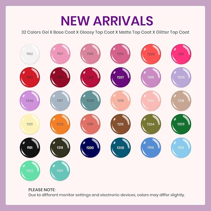 beetles Spring Gel Polish Set - Fingertip Palette, 32 Colors Valentines Polish Set with Base Top Coat Pink Red Blue Purple Brown Yellow Green Black White Uv LED Lamp Nails Gifts for Women