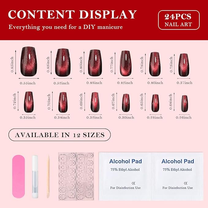 evpct Deep Burgundy Red Cat Eye Press on Nails Square Medium Coffin, Medium Square Stick on Nails for Women Gift, Dark Red Metallic Glitter Glossy Reusable Spring Summer Gel Press on Acrylic Fake Nail