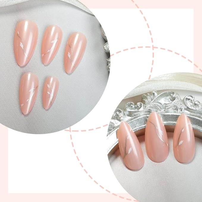 Press on Nails Almond Painted Flowers French Fake Nails French Fake Nails Reusable Kit with Nail Glue Adhesive Tabs Mini Nail File for Women Manicure Art Decoration 24PCS